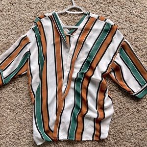 Teal, burnt orange, white & black stripe button up!